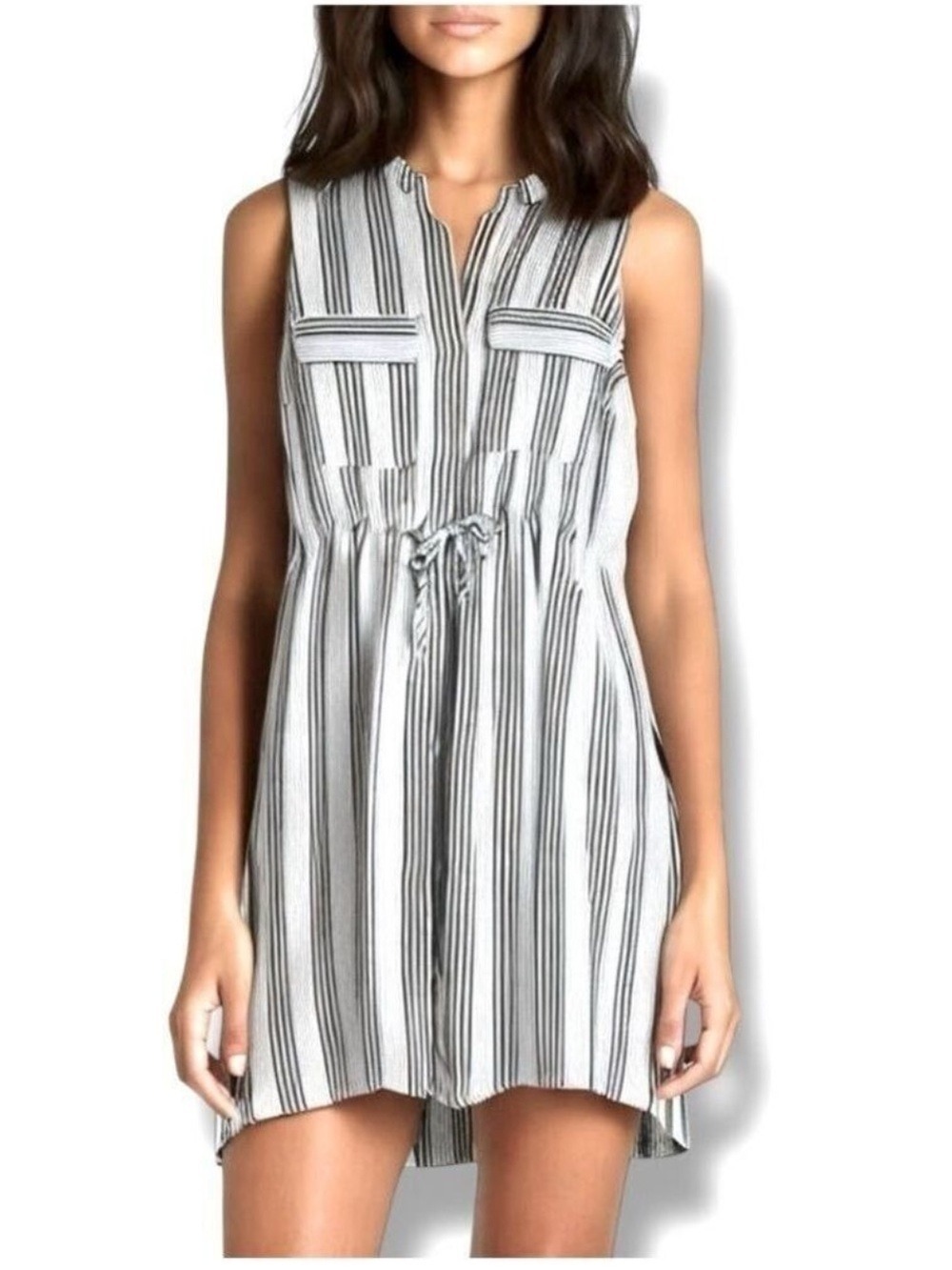 H&M White & Navy Blue Striped Button Up Shirt Dress Sleeveless W/ Pockets Size 6